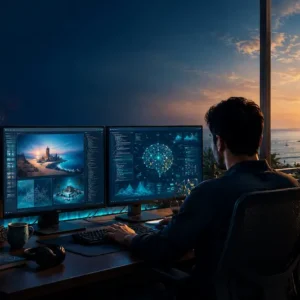 تصویر مفهومی طراحی سایت، توسعه وب اپلیکیشن و هوش مصنوعی برای برند Turkman Dev در قشم