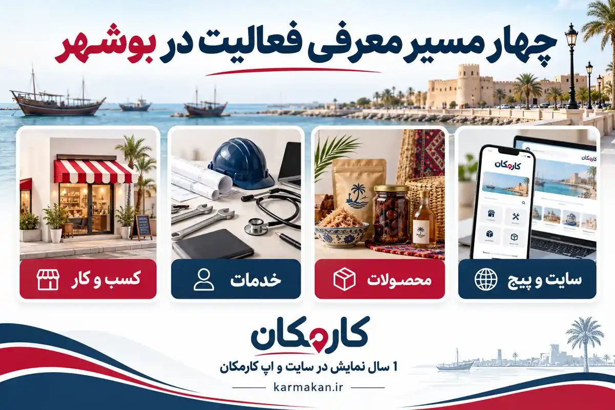 چهار مسیر معرفی کسب و کار، خدمات، محصولات و سایت در بوشهر