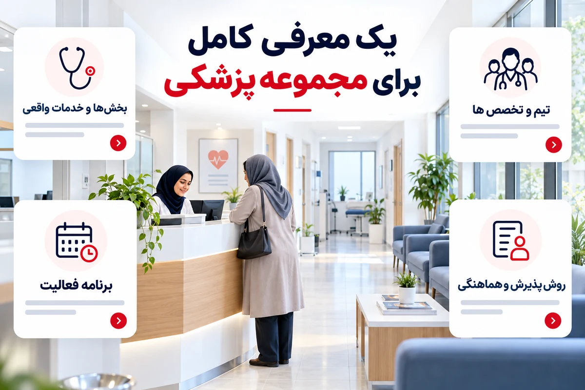 اطلاعات بخش ها خدمات تیم و برنامه فعالیت برای معرفی کلینیک پزشکی