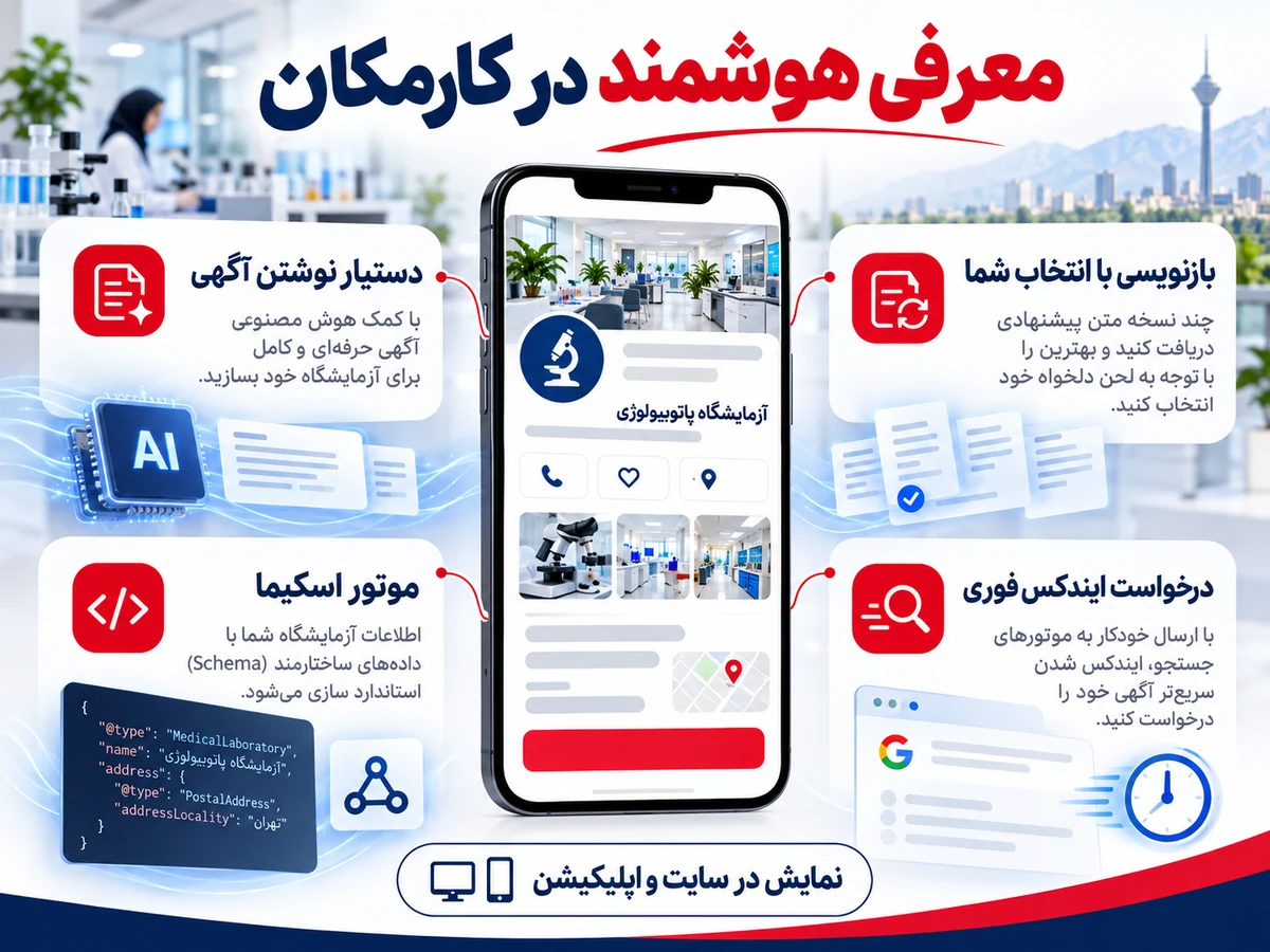 امکانات هوشمند برای نوشتن و ساختاردهی آگهی آزمایشگاه