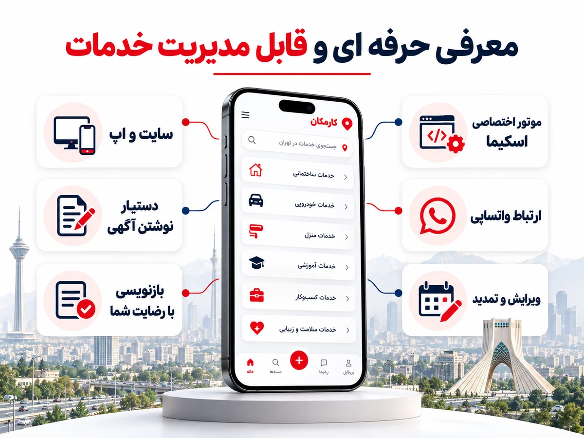 تبلیغ خدمات در تهران | معرفی 1 ساله و قابل تمدید 9 امکانات هوشمند کارمکان برای تبلیغ خدمات در تهران